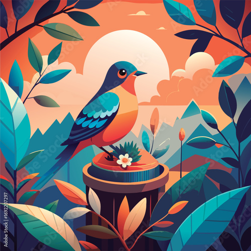 Colorful bird perched on a post.
