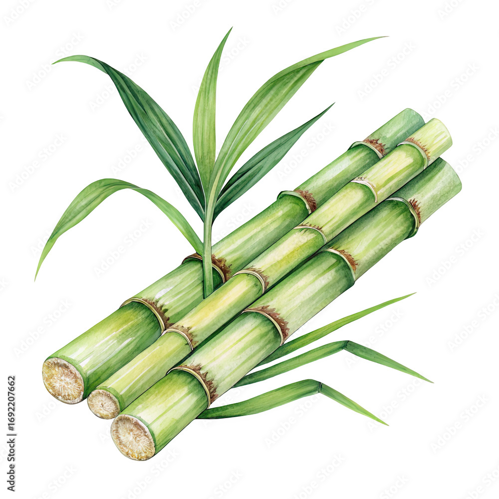 Fototapeta premium Fresh green sugarcane stalks with leaves isolated on transparent background