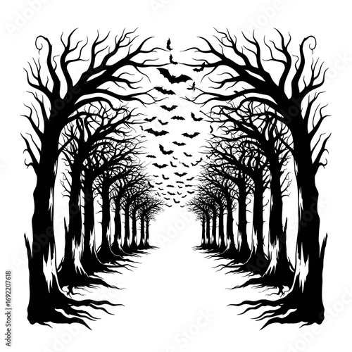 Vector art of silhouette of a spooky forest path with bare trees and bats flying overhead, ideal for halloween designs