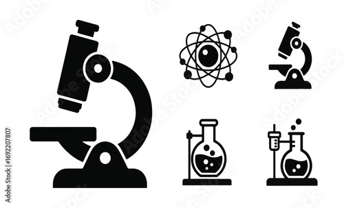 Science and Laboratory Icons – Microscope, Atom, Chemistry Flask, Experiment Tools, and Scientific Research Symbols in Black Style
