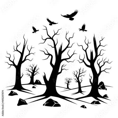 Vector art of silhouette of a spooky forest with bare trees and flying crows, creating a dark and eerie halloween atmosphere