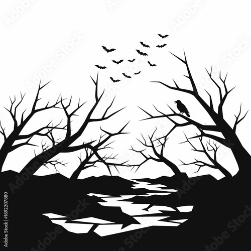 Vector art of silhouette of a spooky forest with bare trees, flying bats and a river, creating a dark and eerie halloween atmosphere