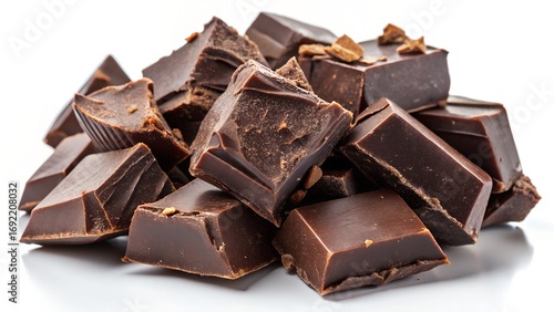 Pile of dark chocolate pieces isolated on white background