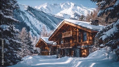 Winter chalet mountain view snowy trees luxury home ski resort vacation rental cabin in the alps.