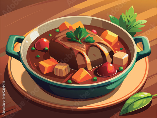 Hearty beef stew in a rustic pot.