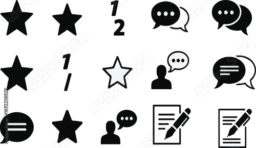 Star Rating and Chat Icons Set: Stars, Numbered Ratings, Speech Bubbles, Comments, Reviews, Feedback, Messaging, Communication Symbols