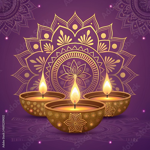 Diwali Celebration with Traditional Oil Lamps and Mandala