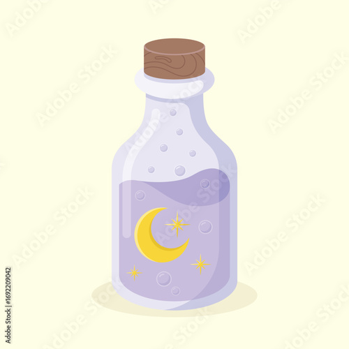 A glass bottle of purple colour dream potion with bubbles, moon and stars inside. Halloween witchcraft vector illustration.