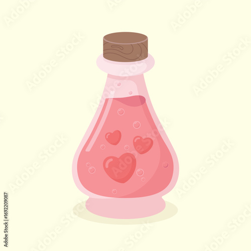 A glass bottle of pink colour love potion with bubbles and hearts inside. Halloween witchcraft vector illustration.