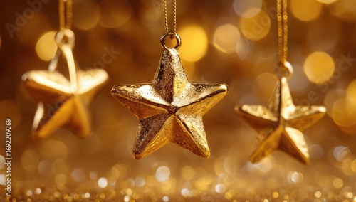 Three golden star ornaments hang against a warm, glittering background.