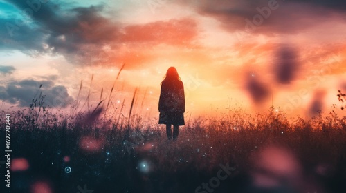 A lone woman stands in a field of tall grass at sunset, with a dramatic sky in the background.