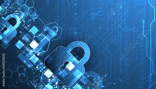 Abstract technological background on the topic of information protection. Various technological elements with padlocks inside which is a digital code.