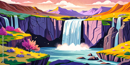 Hidden Icelandic canyon with waterfall, mossy cliffs, remote natural wonder, peaceful untouched beauty