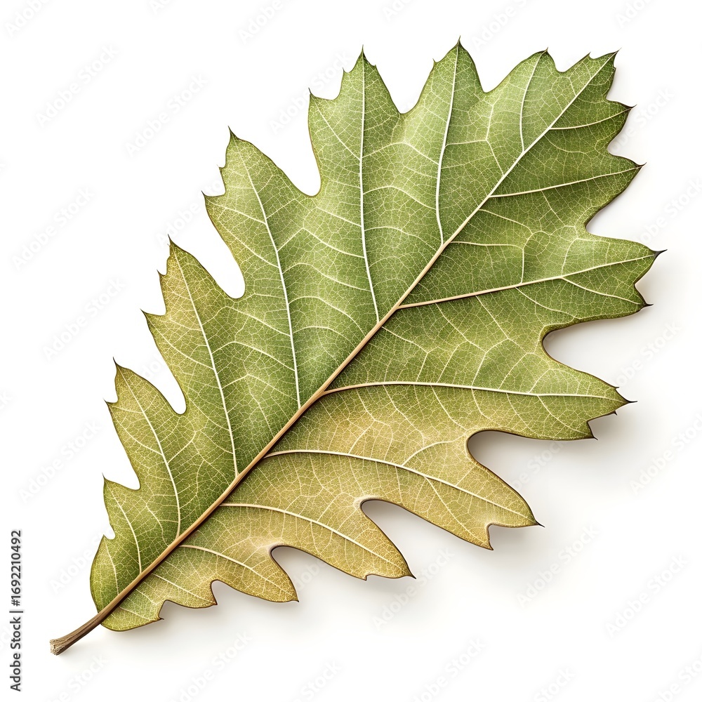 Fototapeta premium Sawtooth Oak Leaf Distinct Asian Foliage with Long Narrow Form and Fine Serrated Edges Displayed on Pure White Background Highlighting Ornamental Elegance and Minimal Natural Beauty
