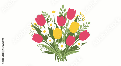 Cheerful Bouquet of Tulips and Daisies with Greenery Illustration.