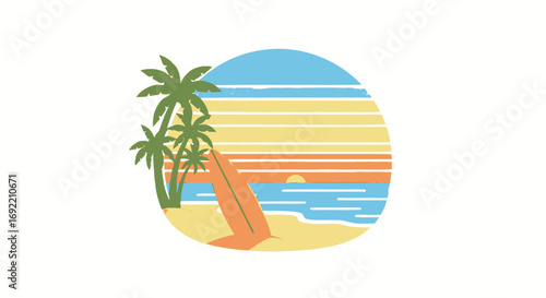 Retro Beach Scene with Palm Trees Surfboard and Sunset Graphic Illustration.