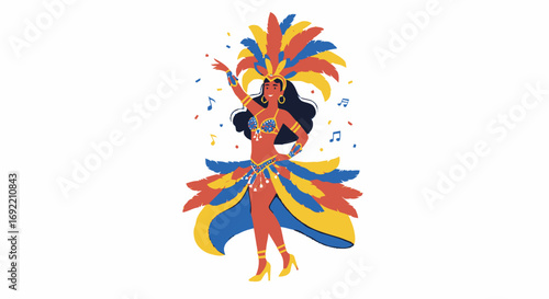 Festive Carnival Dancer with Colorful Feathers and Musical Notes.