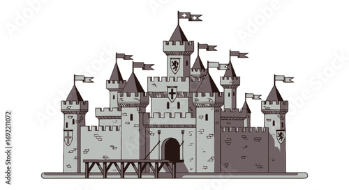 Cartoon Medieval Castle with Flags and Stone Texture Illustration.