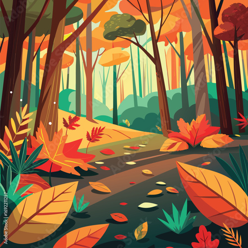 Autumn Forest Path with Colorful Leaves.