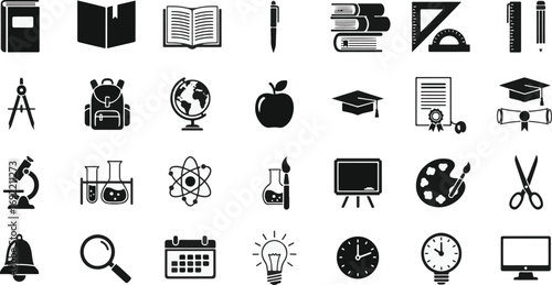 Education school icons with books, learning tools, graduation, science, art, technology, classroom, study, knowledge, and academic success