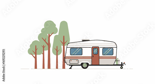 Illustrated White and Beige Camping Trailer with Brown Door and Blue Windows.