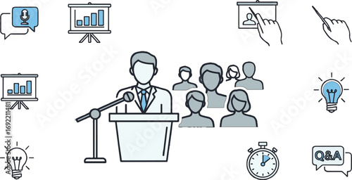 Conference presentation icons with public speaking, audience engagement, Q&A, innovation, training, ideas, and business communication themes