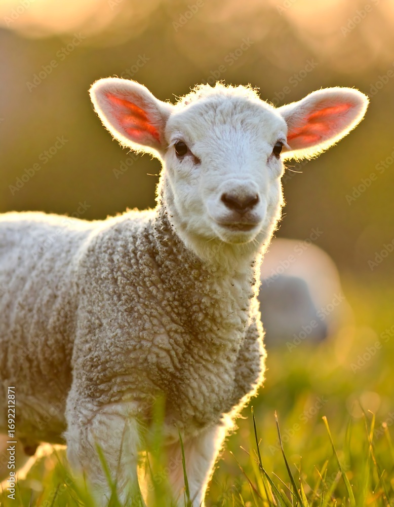 Fototapeta premium A lamb in a field at sunrise