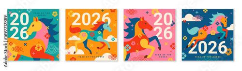 Happy Chinese New Year 2026 Year of the Horse. Vector illustration. Color China Christmas posters set with floral asian pattern. Spring holiday design funny geometric background. Japanese calendar art