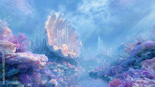 Fototapeta Naklejka Na Ścianę i Meble -  Underwater fantasy scene featuring a giant clam shell with crystal spires, surrounded by vibrant coral reefs. Evokes dreams, beauty, and the mystery of the deep.