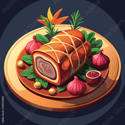 Roasted rolled meat dish on a wooden platter.