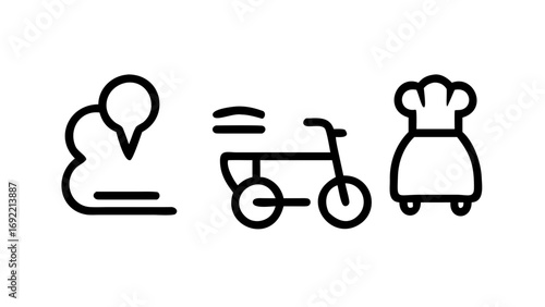 Food delivery service bike map location chef hat restaurant order takeout fast shipping 88