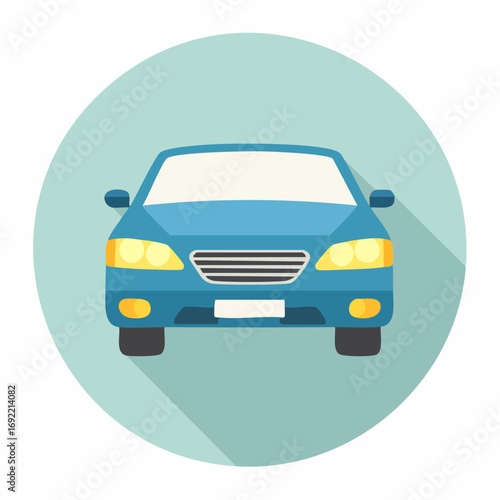 Sleek blue sedan front view, modern vehicle icon, transportation concept, clean design