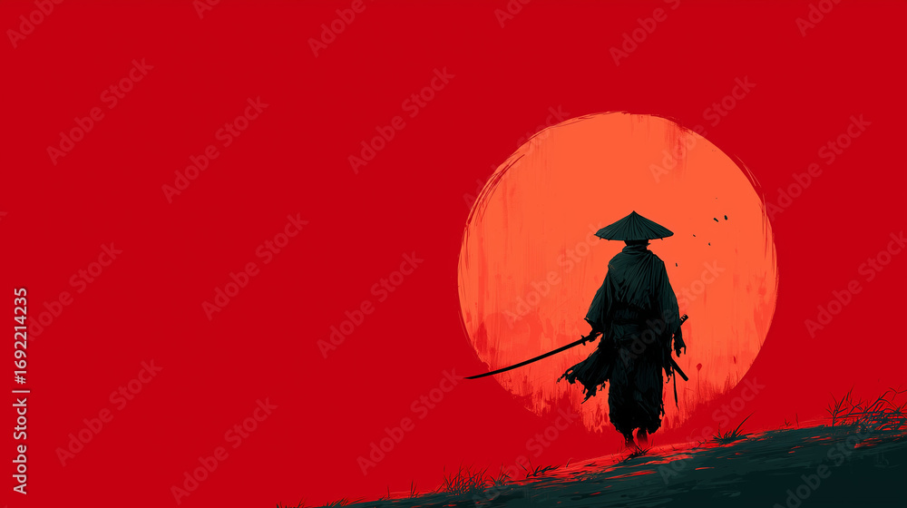 Fototapeta premium Japanese samurai silhouette in the far. Bold, outlines, illustration style, clean flat illustration style, poster ready