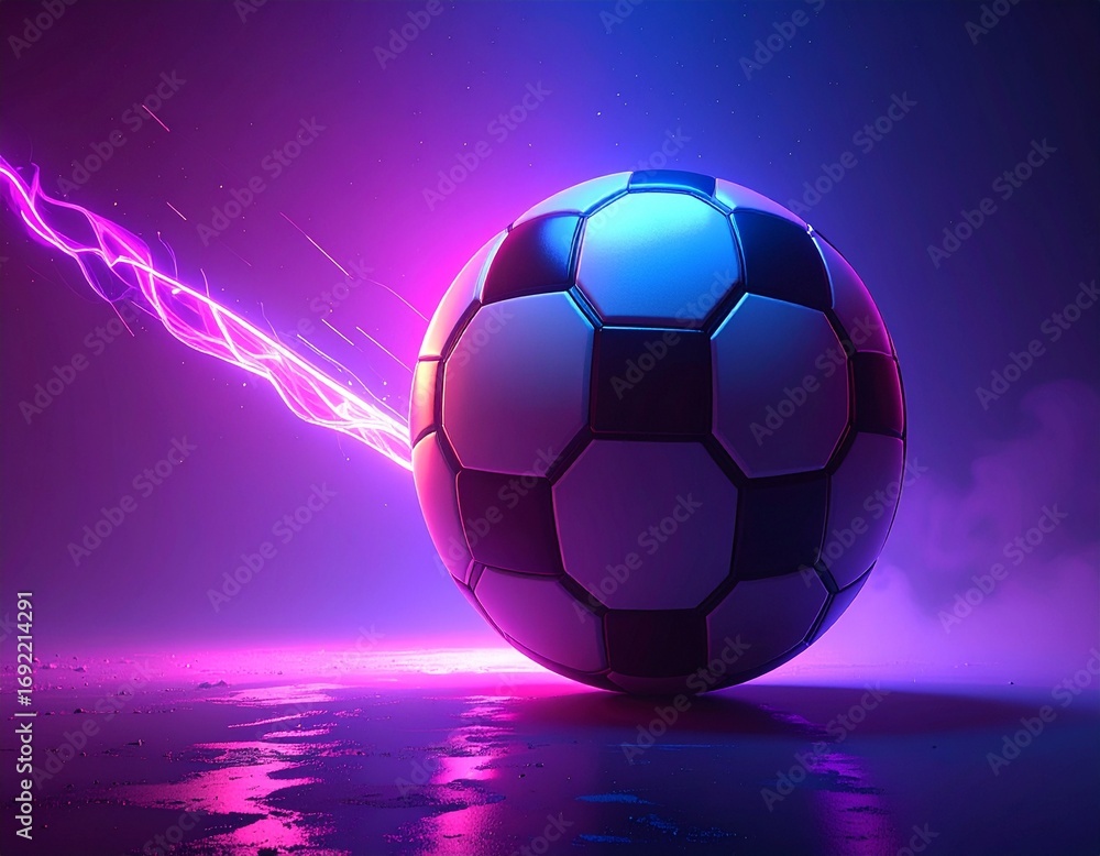 Fototapeta premium A dynamic soccer ball glows with vibrant pink and blue neon light as a lightning bolt strikes on a wet, reflective surface.