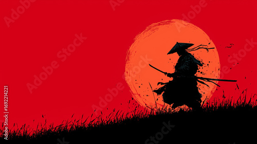 Japanese samurai silhouette in the far. Bold, outlines, illustration style, clean flat illustration style, poster ready