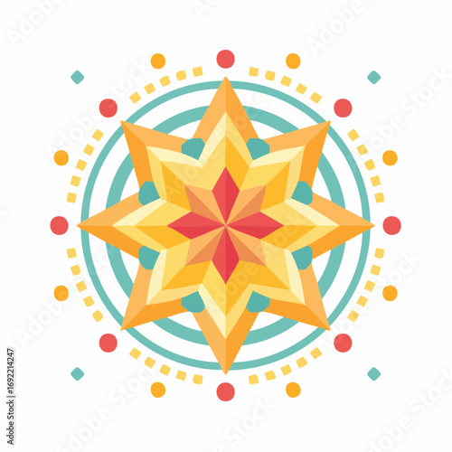 Vibrant geometric starburst pattern with colorful dots and circles, perfect for festive designs