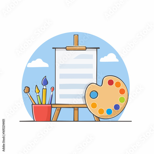 Inspiring art studio setup with easel brushes and colorful palette sparks creativity for artists