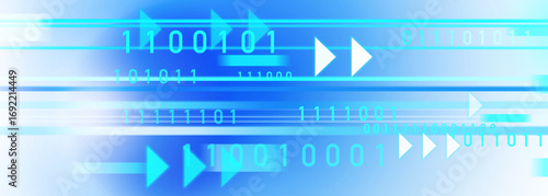 Dynamic blue digital background with binary code and arrow, symbolizing technology and data transfer