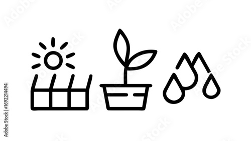 Planting and growing guide icon with sunlight water and soil for gardening tips and care