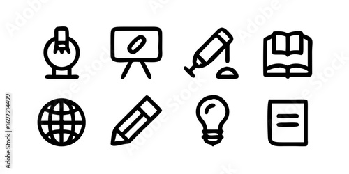 Science education learning research study knowledge icons vector graphic design set of eight