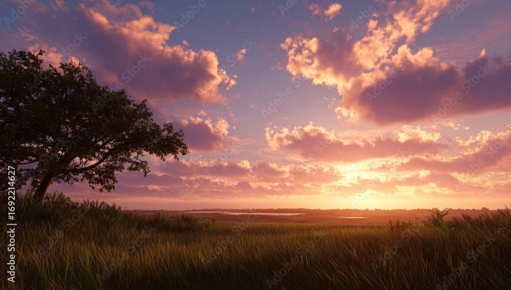 Obraz premium Sunset over a grassy plain, a solitary tree silhouetted against the vibrant sky