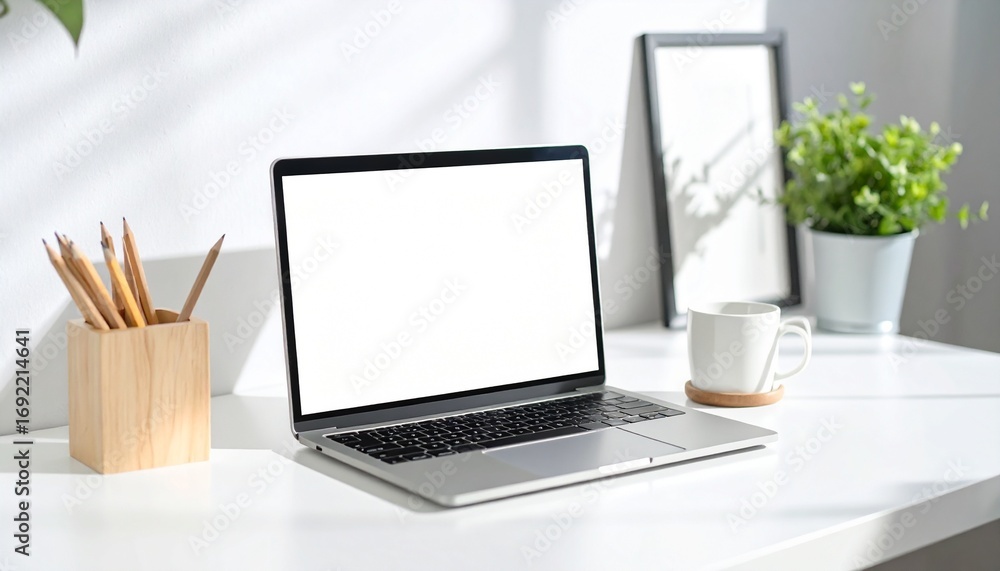 Fototapeta premium Workspace Simplicity Laptop and Creative Tools on Clean Desk