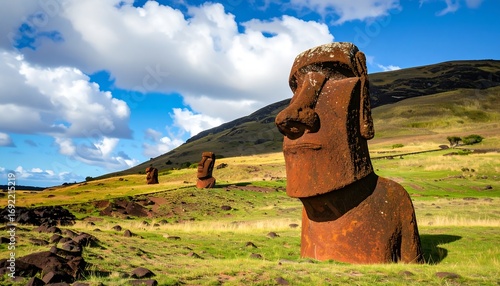 Ancient statues on a grassy landscape under a cloudy sky