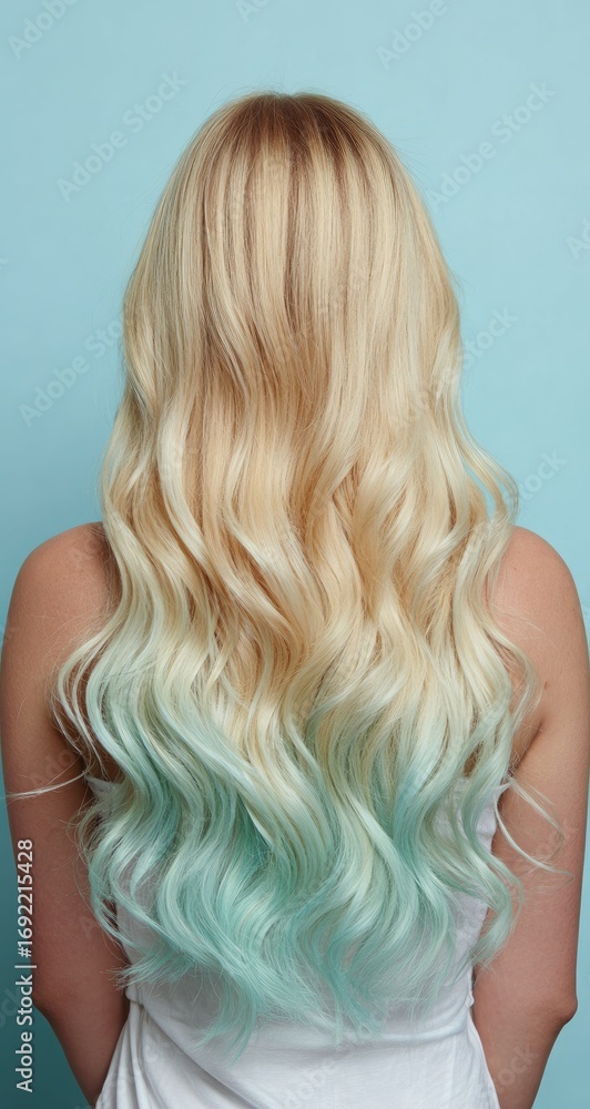 Naklejka premium Woman's long blonde hair with mint green highlights