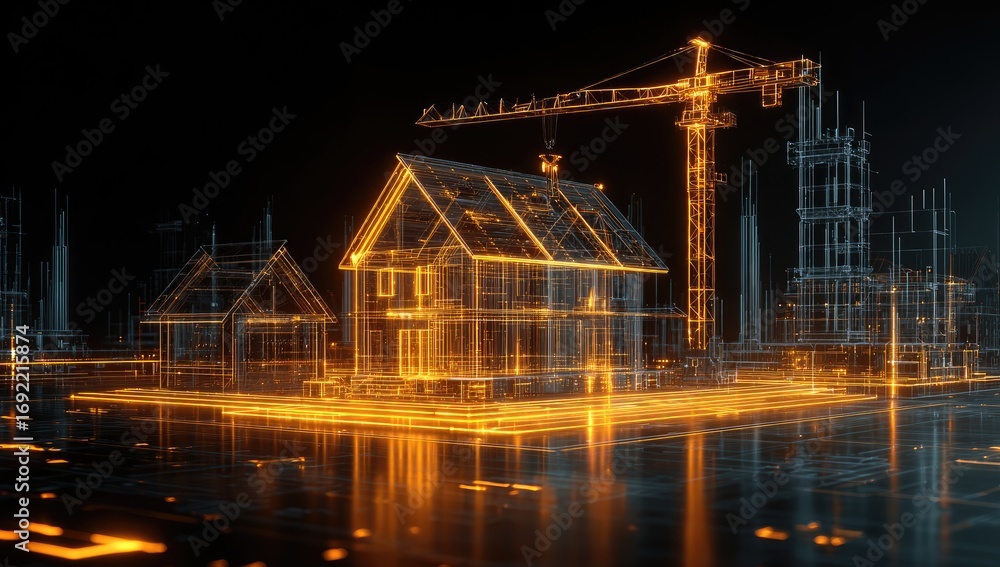 Fototapeta premium Digital blueprint of a house under construction, illuminated by warm light, with other buildings in the background