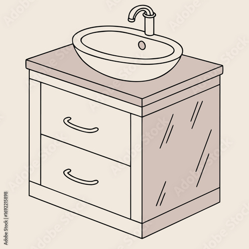 A bathroom vanity. It shows a cabinet with two drawers and a vessel sink on top, complete with a faucet. The side of the vanity has a large, reflective surface, which could be a mirror.