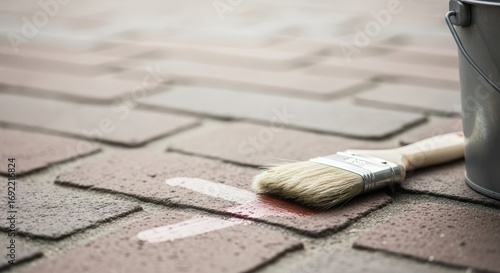 Wallpaper Mural Close-up of brick pavement with paintbrush and bucket for creative diy painting project Torontodigital.ca