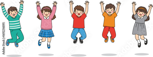 Cartoon vector illustration of happy children jumping, playful kids group, childhood fun, joy and friendship, colorful flat design, CAD drawing style
