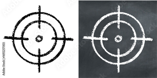 Chalk hand-drawn crosshair target vector. Ideal for themes of precision, accuracy, focus, and aiming. Captures a classic, sketchy feel with a raw and textured aesthetic, perfect for gaming or shooting
