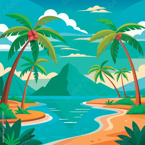 Vector illustration of a Tropical paradise beach scene.